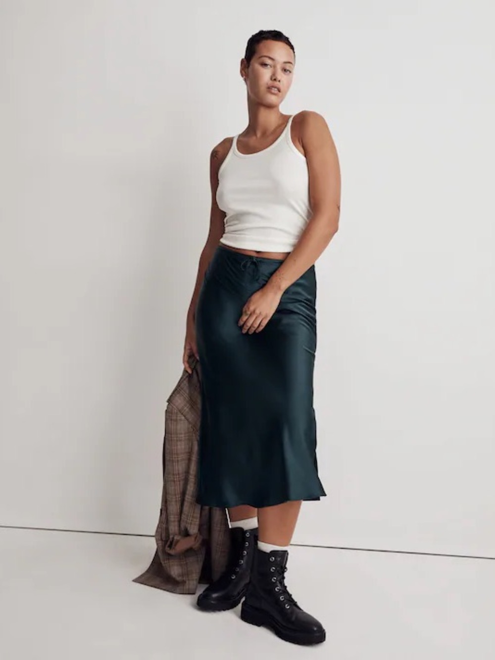 Madewell Green Satin Drawstring Maxi Skirt